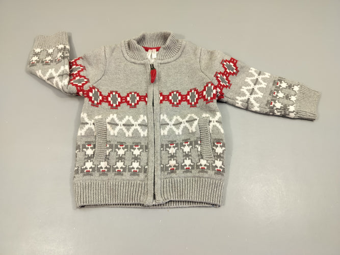 Gilet zippé  gris clair chiné motifs rouges et blancs 100% coton, moins cher chez Petit Kiwi