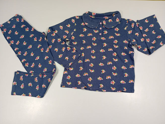 Pyjama 2pcs molleton bleu marine à fleurs, petit col (petite tache blanche), moins cher chez Petit Kiwi