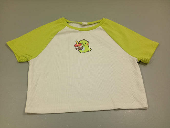 T-shirt m.c crop-top côtelé vert et blanc, dinosaure, moins cher chez Petit Kiwi