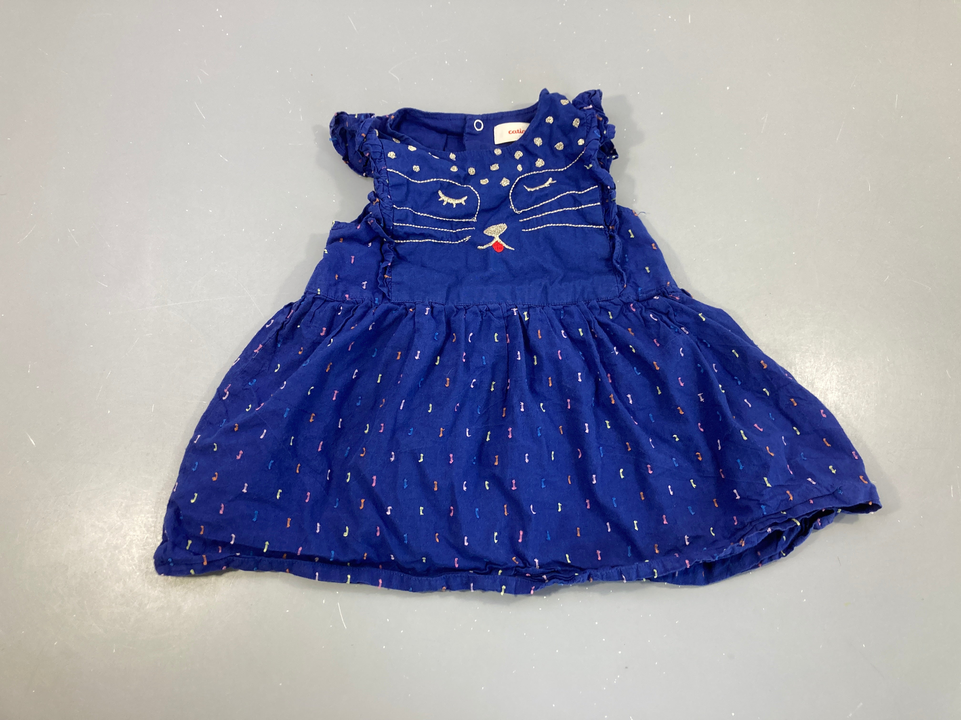 Robe m.c bleu foncé plumetis broderie chat