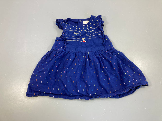 Robe m.c bleu foncé plumetis broderie chat, moins cher chez Petit Kiwi