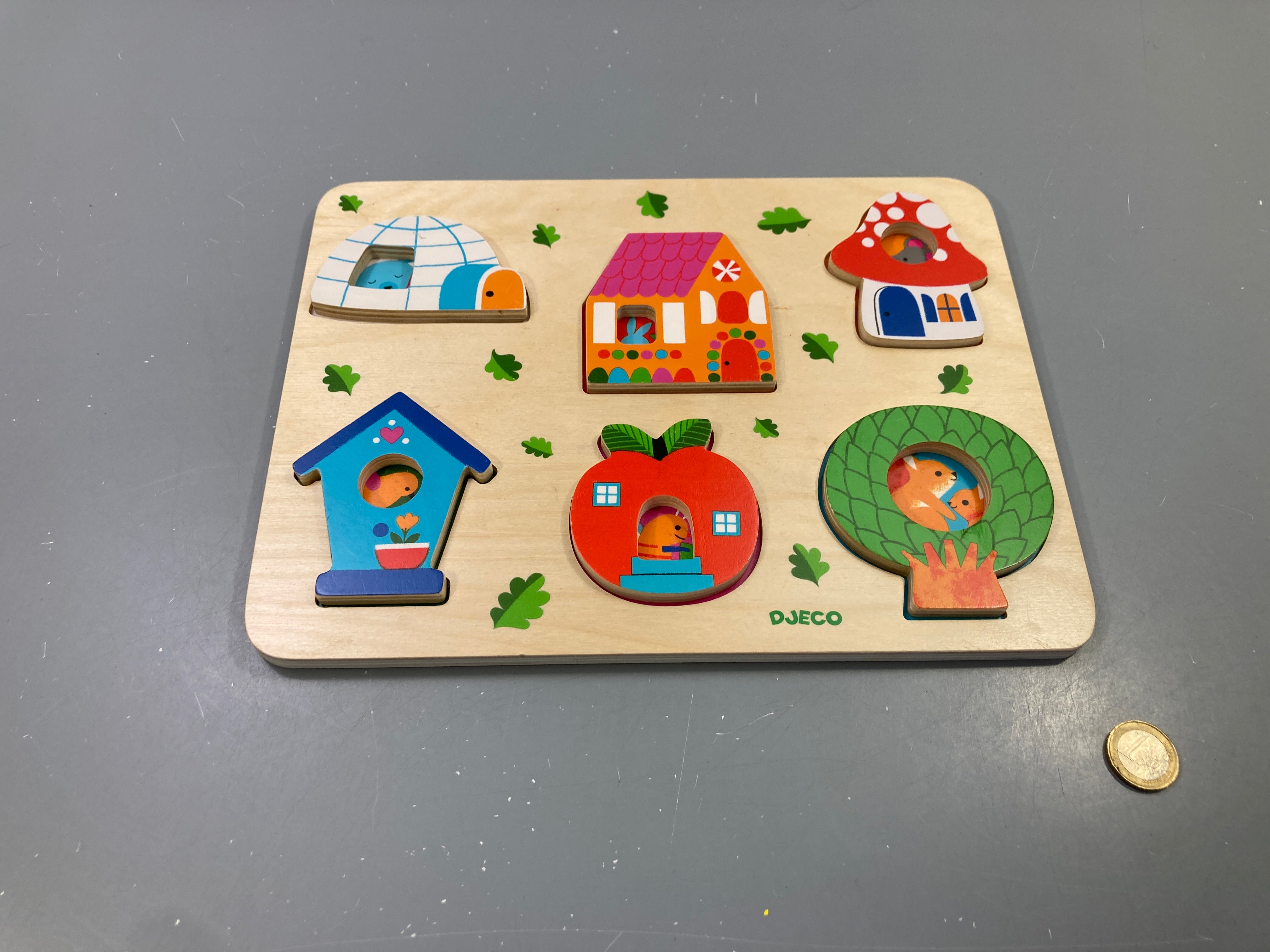Puzzle relief en bois maisons et animaux - complet