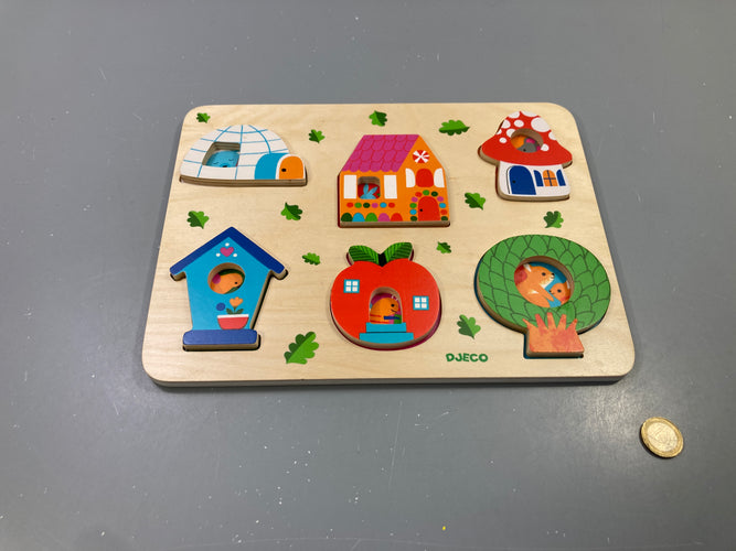 Puzzle relief en bois maisons et animaux - complet, moins cher chez Petit Kiwi