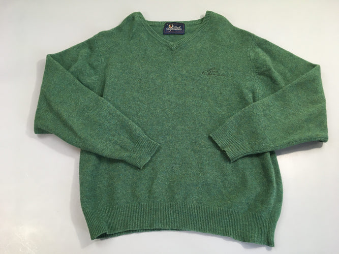 Pull col V vert chiné, 100% laine, moins cher chez Petit Kiwi