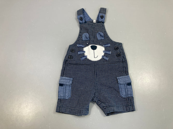 Salopette short carreaux bleu foncé visage animal, moins cher chez Petit Kiwi