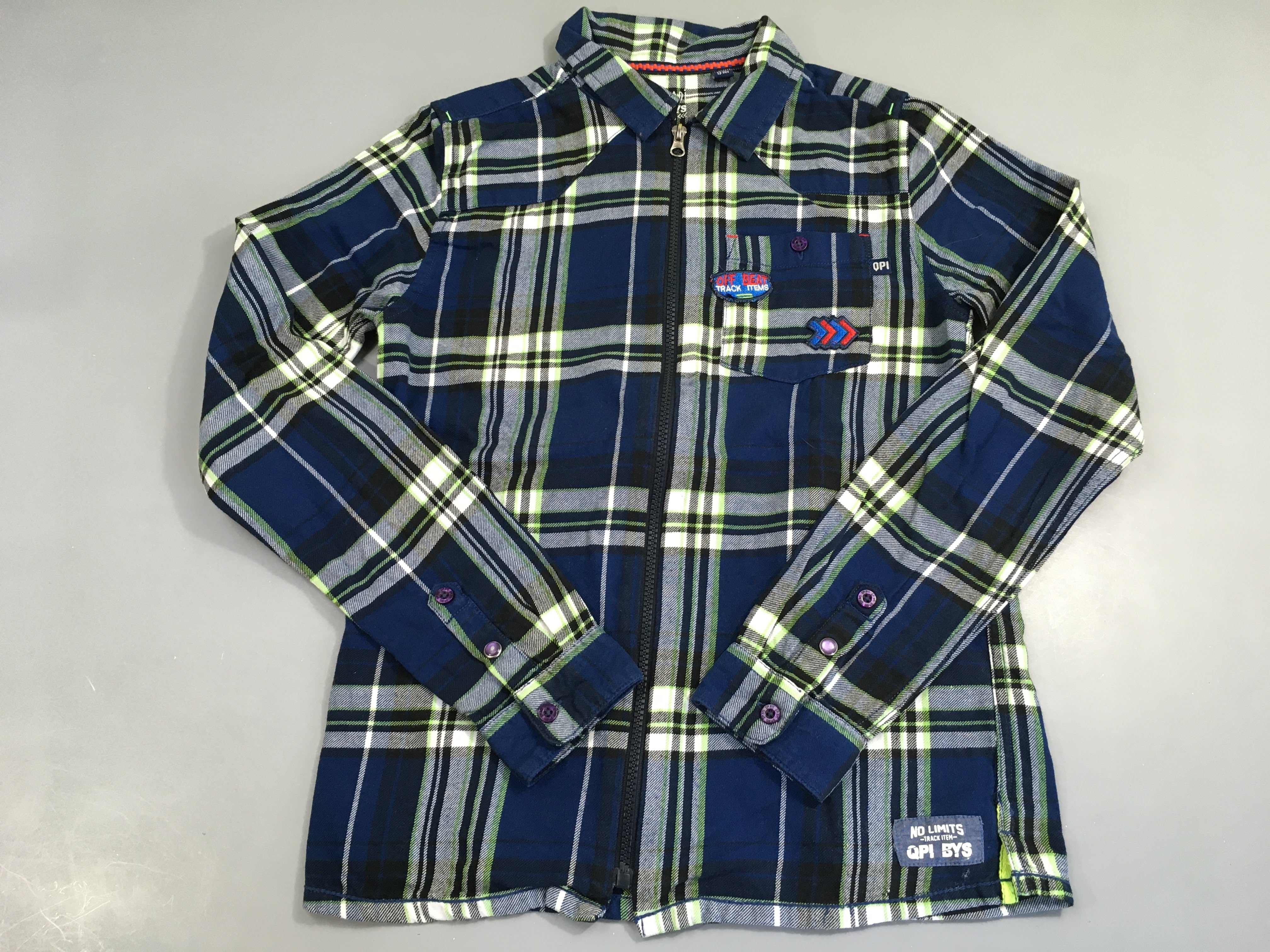 Chemise m.l zippé flanelle bleu à carreaux blanc/vert, Quapi