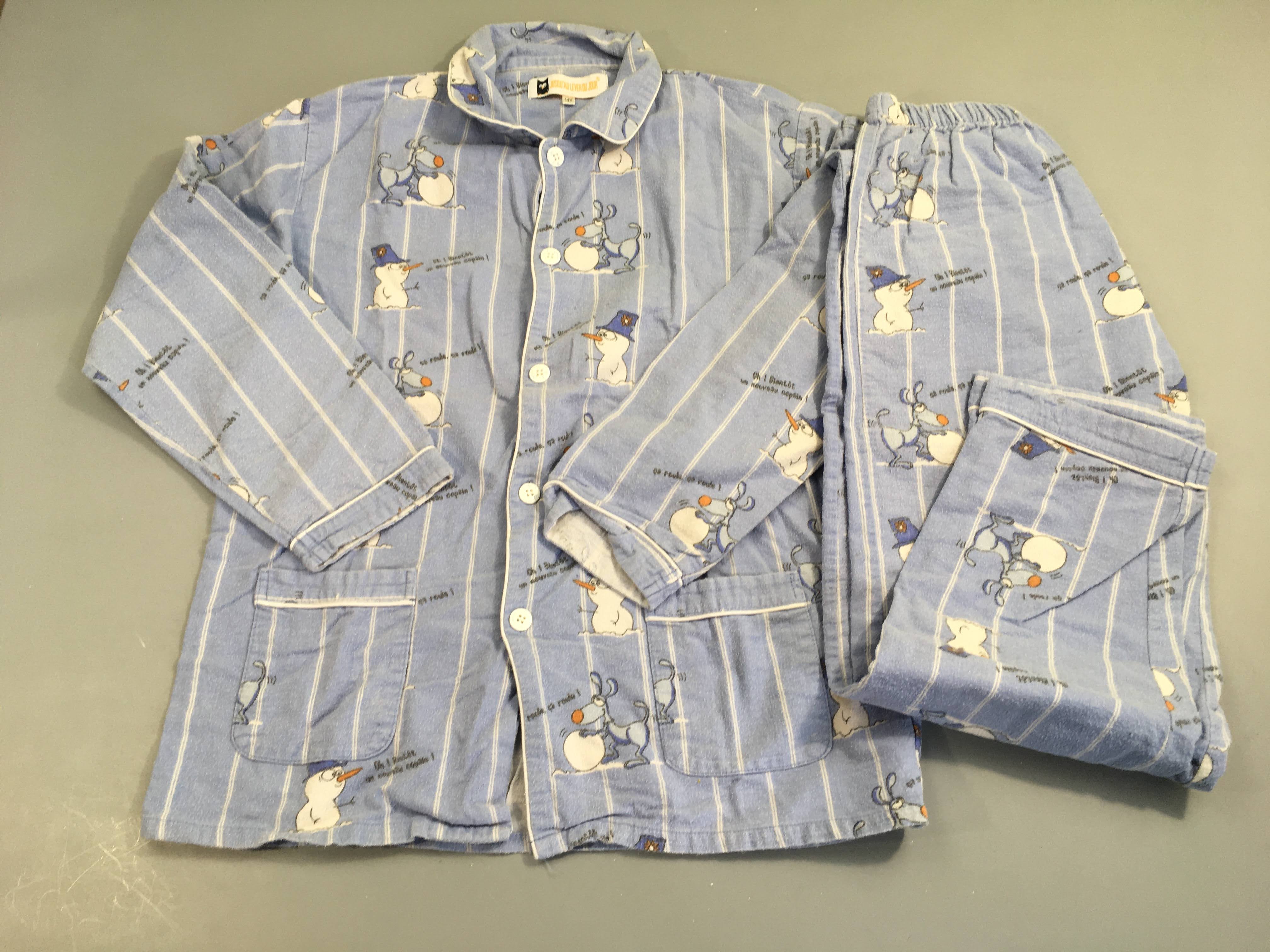 Pyjama 2 pcs flanelle bleu rayé chiens, bouloché