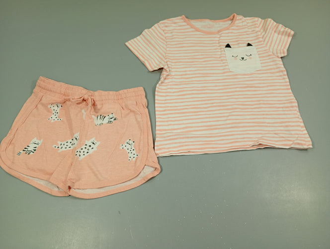 Pyjama 2pcs jersey  dessus blanc rayé rose poche chat , dessous short rose motifs chats, moins cher chez Petit Kiwi