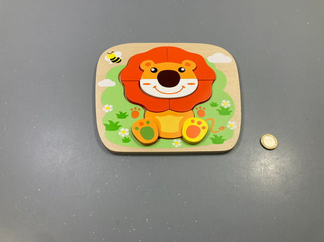 Puzzle à encastrement en bois lion, pièces épaisses, orange vert, moins cher chez Petit Kiwi