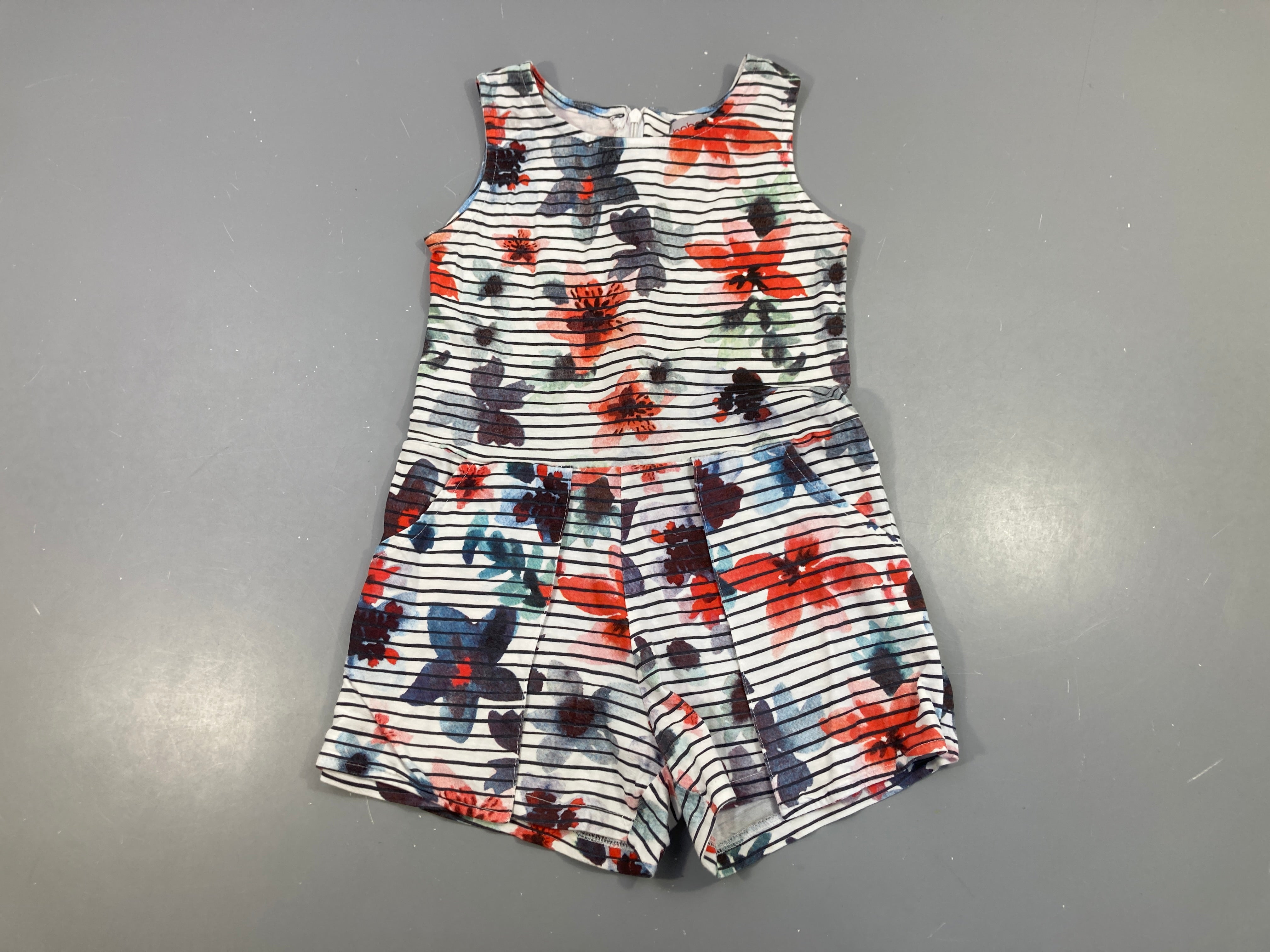 Combishort jersey blanc rayé bleu marine fleurs
