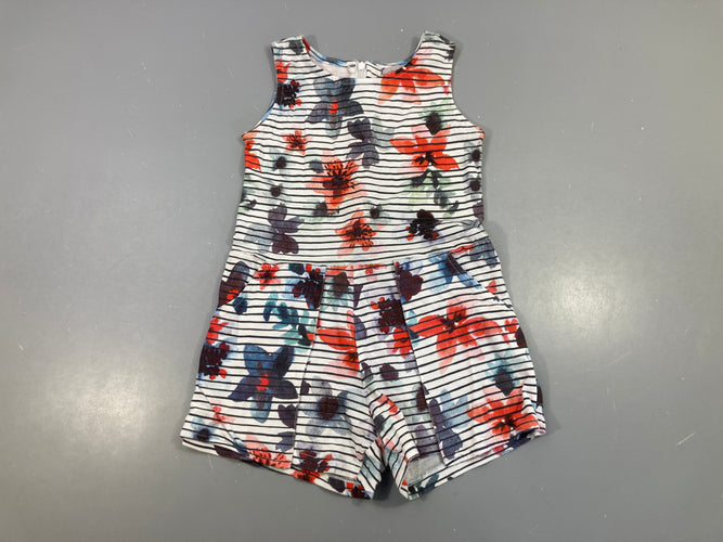 Combishort jersey blanc rayé bleu marine fleurs, moins cher chez Petit Kiwi