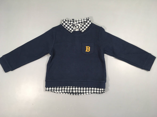 Pull bleu foncé poche B effet superposé chemise carreaux, légèrement bouloché, moins cher chez Petit Kiwi