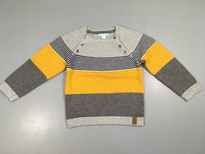Pull gris rayé bleu/blanc/jaune, 9% laine, moins cher chez Petit Kiwi