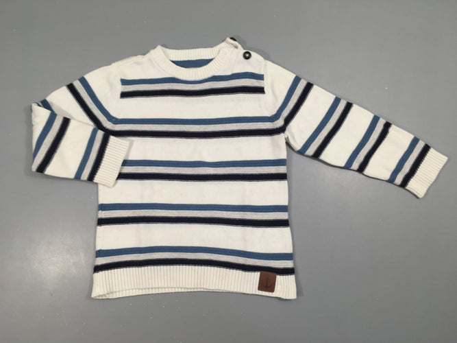 Pull blanc rayé bleu/gris, légèrement bouloché, moins cher chez Petit Kiwi