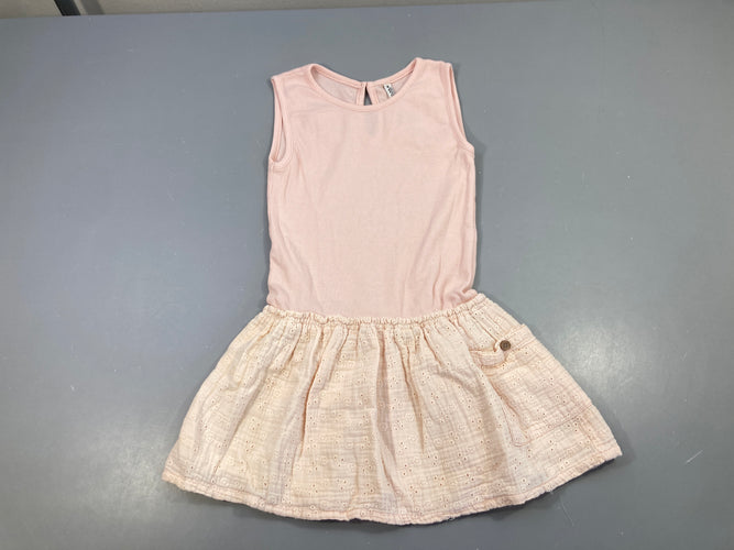 Robe s.m bi matière jersey côtelé rose pâle, bas gaze de coton broderies fleurs, moins cher chez Petit Kiwi