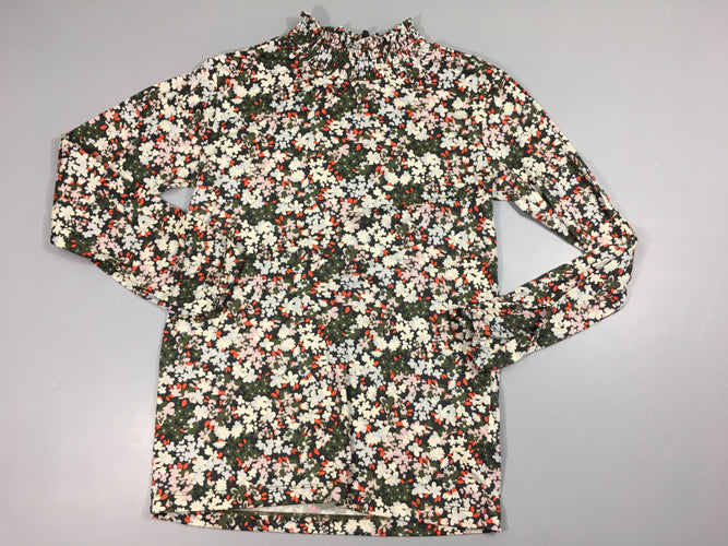 Blouse ml col montant bleu foncé fleuri vert-rose, moins cher chez Petit Kiwi