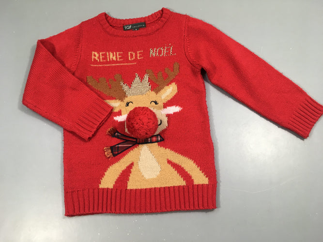 Pull de Noël rouge pompon nez renne Légèrement bouloché, moins cher chez Petit Kiwi