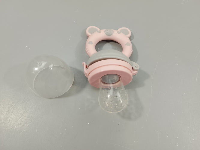 Grignoteuse rose et gris avec  tétine en silicone, sert aussi d'anneau de dentition, moins cher chez Petit Kiwi