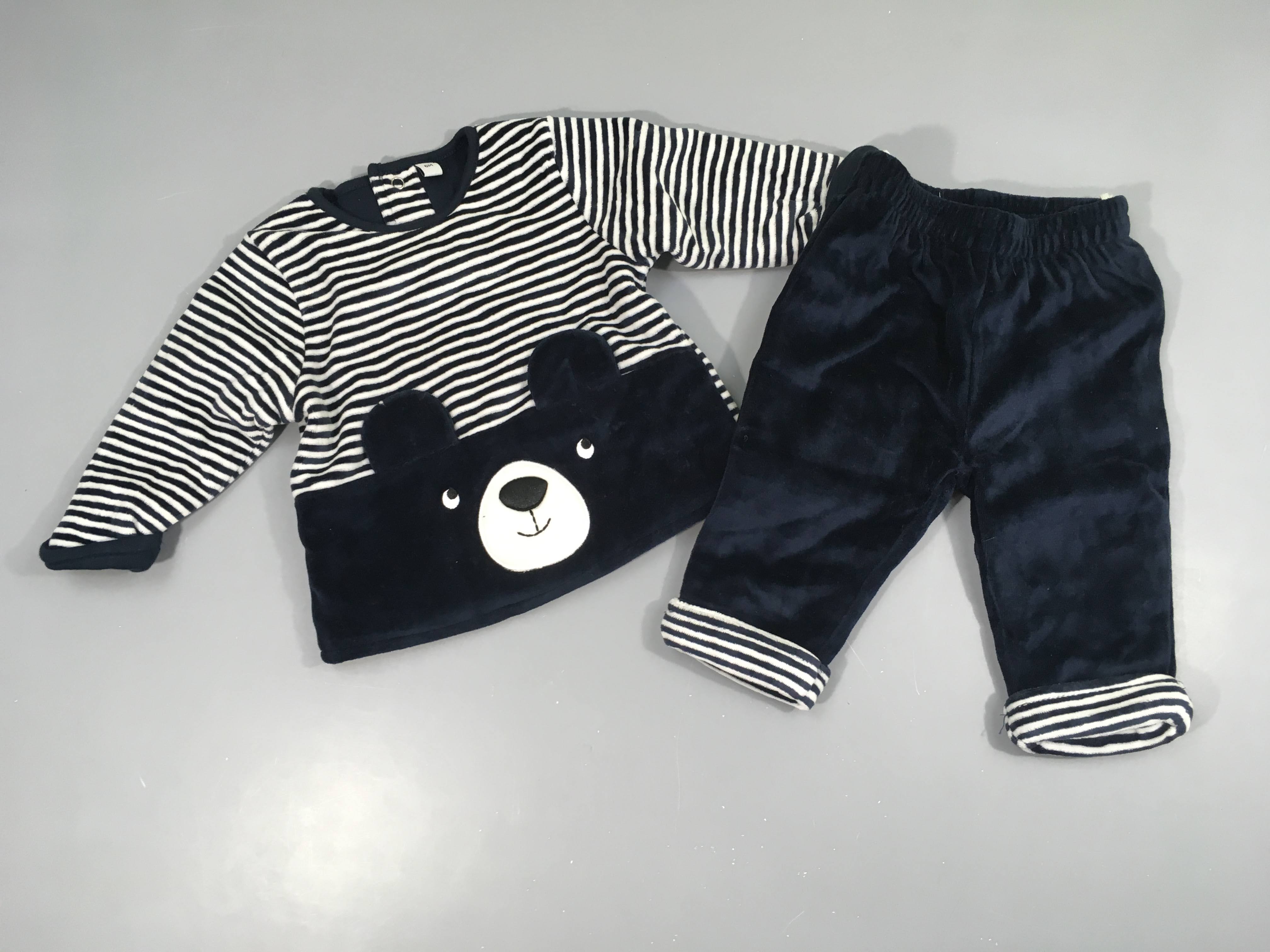 Sweat velours blanc rayé bleu ours + Pantalon