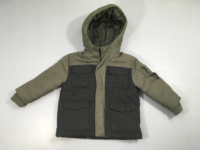 Veste à capuche bi-matière kaki-gris, moins cher chez Petit Kiwi