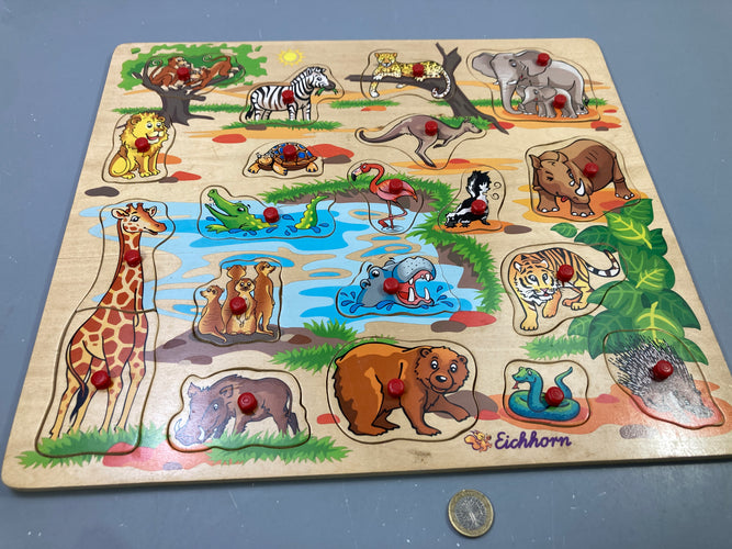 Puzzle en bois à boutons, animaux du zoo, moins cher chez Petit Kiwi