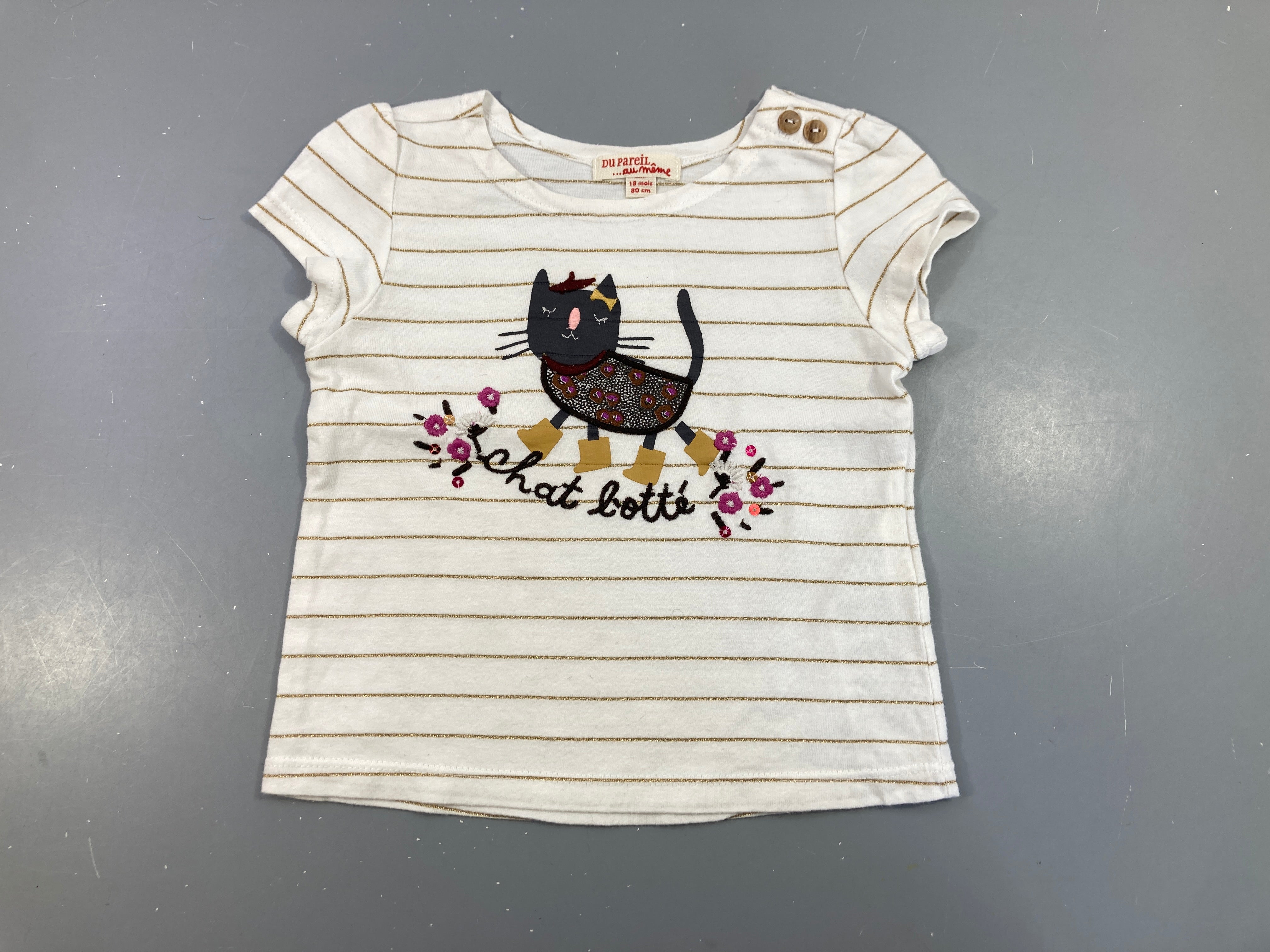 T-shirt m.c blanc rayé doré chats