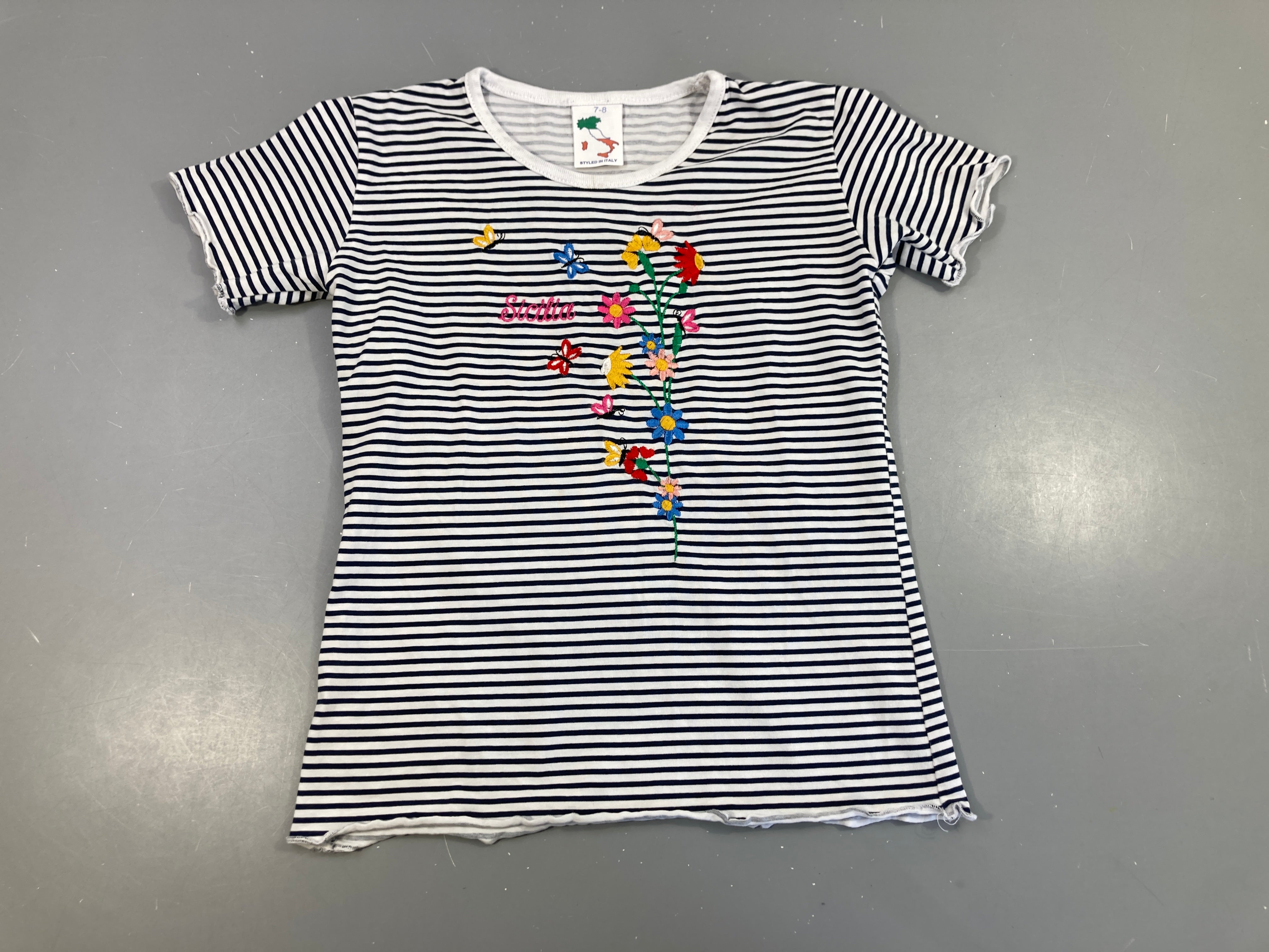 T-shirt m.c blanc rayé bleu fleurs brodées