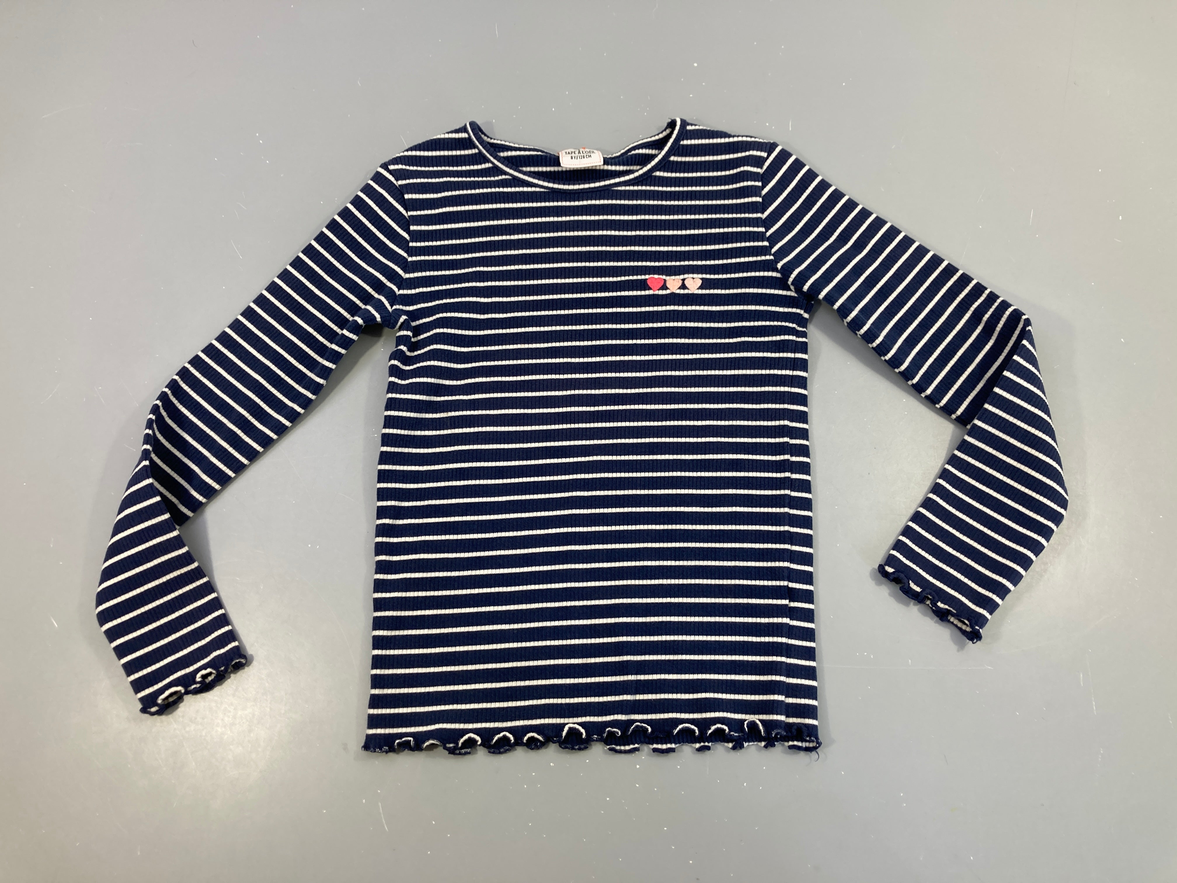 T-shirt m.l bleu rayé blanc côtelé coeurs