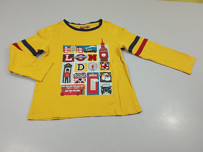 T-shirt m.l jaune moutarde , flocage dessins Londres, moins cher chez Petit Kiwi