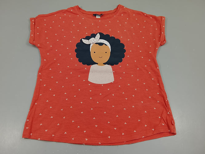 T-shirt m.c orange, motifs blanc, fillette avec bandeau, moins cher chez Petit Kiwi