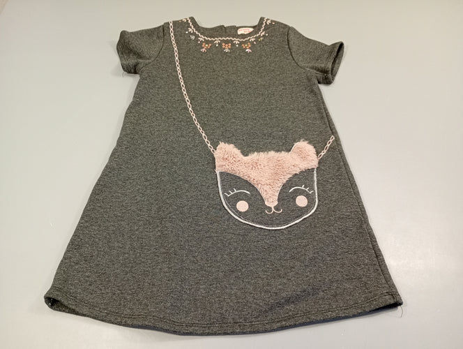 Robe m.c gris chiné avec fines paillettes, faux sac tête de renarde. Intérieur polar. Légèrement boulochée., moins cher chez Petit Kiwi