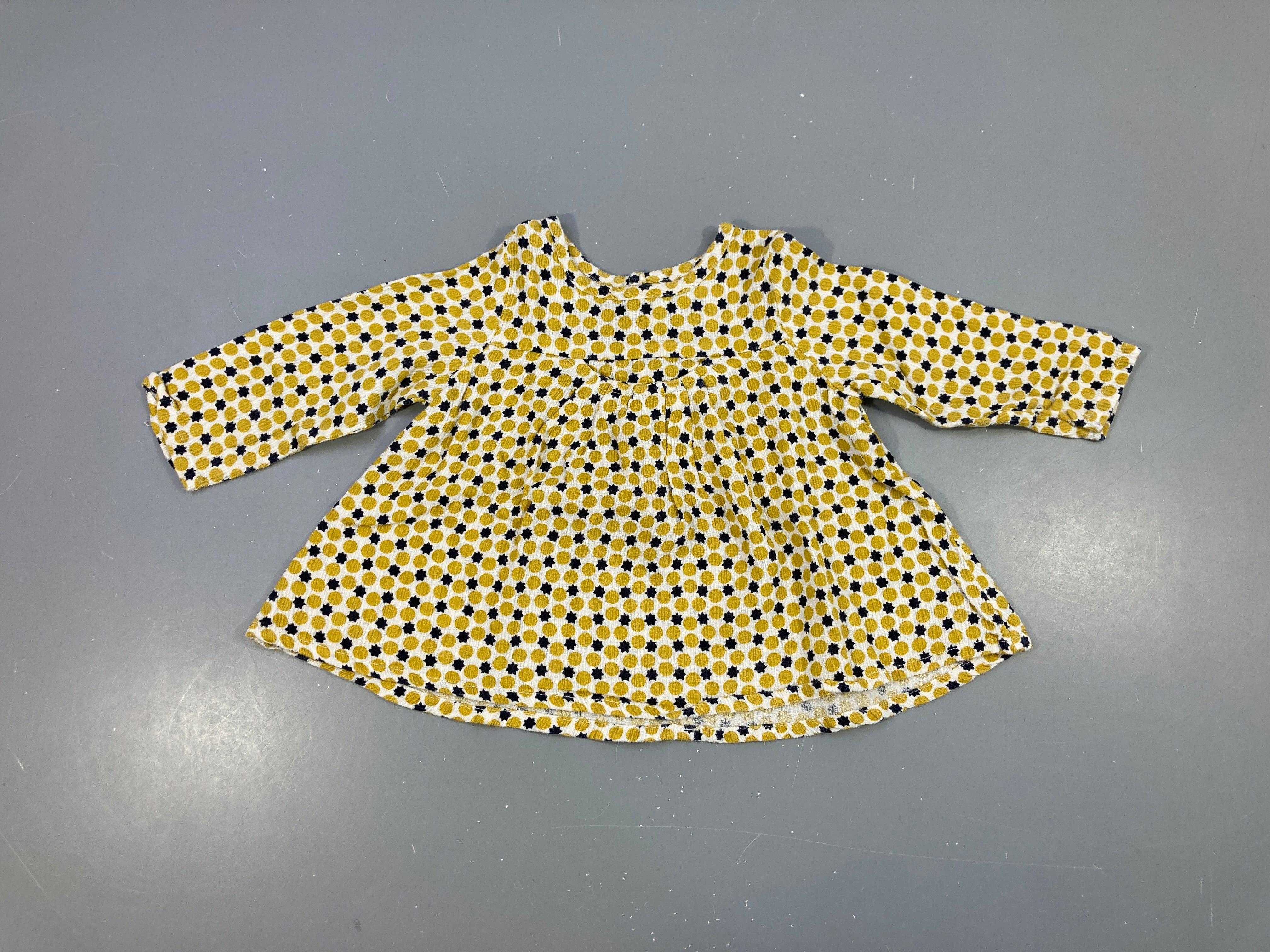 Blouse ml blanc motifs jaune/bleu marine