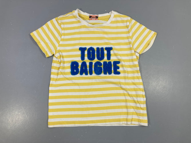 T-shirt m.c blanc rayé jaune Tout baigne relief, un peu bouloché, moins cher chez Petit Kiwi