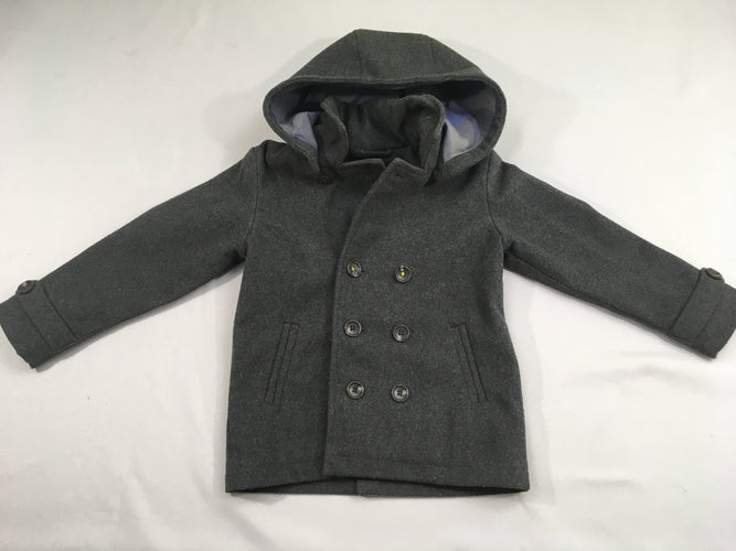 Veste style tweed gris foncé à capuche amovible, 10% laine, moins cher chez Petit Kiwi