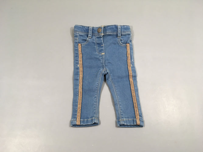 Pantalon denim clair, liserés roses pailletés, moins cher chez Petit Kiwi