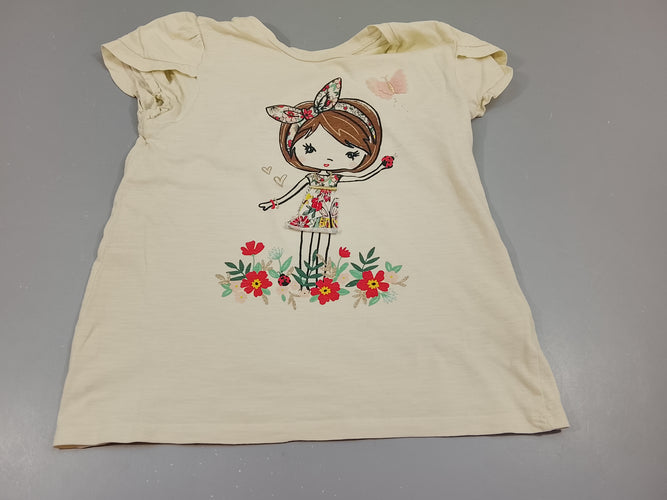 T-shirt m.c jaune clair flammé, fillette , papillon. légère petite tache dans  le dos, moins cher chez Petit Kiwi
