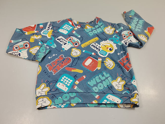 Sweat bleu, motifs scolaire (crayons, lattes,,,,), moins cher chez Petit Kiwi