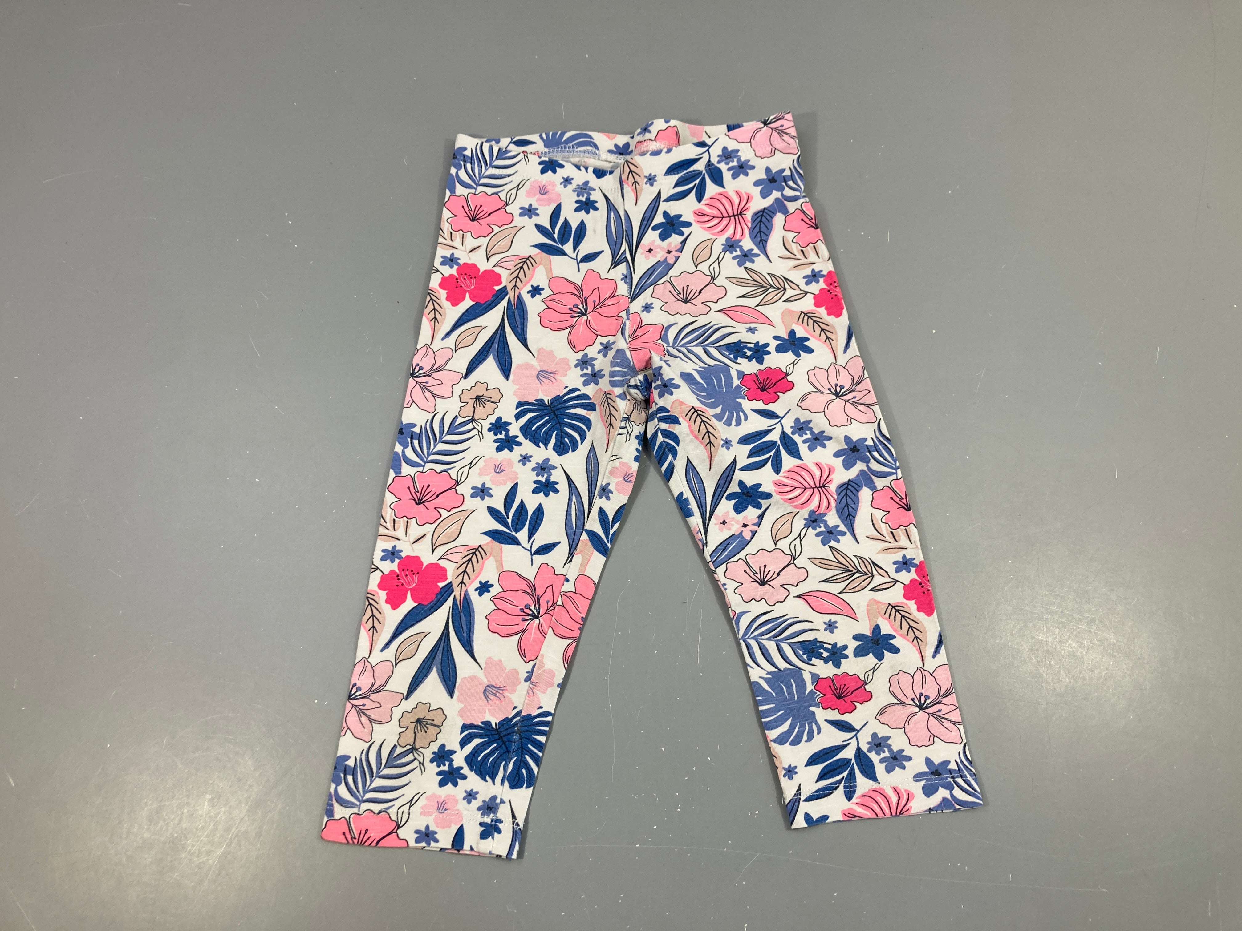 Legging 3/4 blanc flammé fleuri rose feuilles bleues