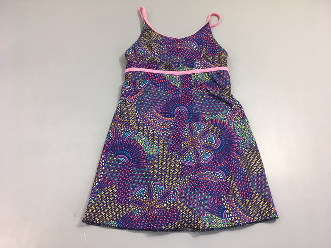 Maillot bleu foncé motifs multicolores avec jupe intégrée, moins cher chez Petit Kiwi