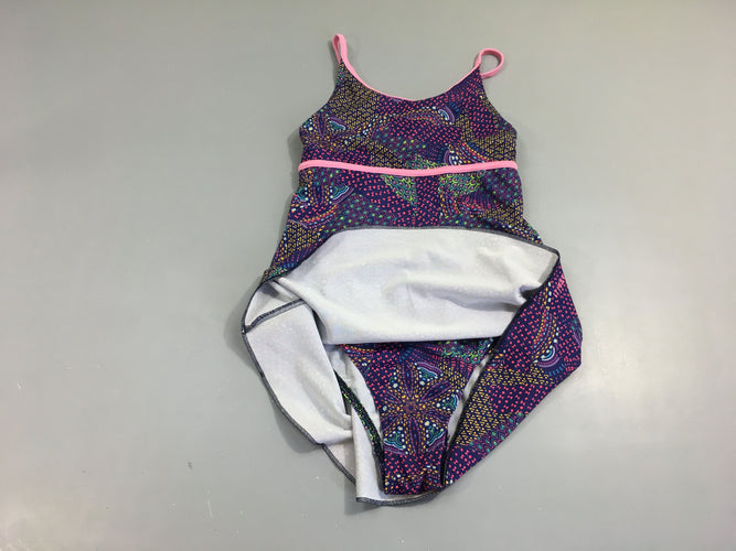 Maillot bleu foncé motifs multicolores avec jupe intégrée, moins cher chez Petit Kiwi