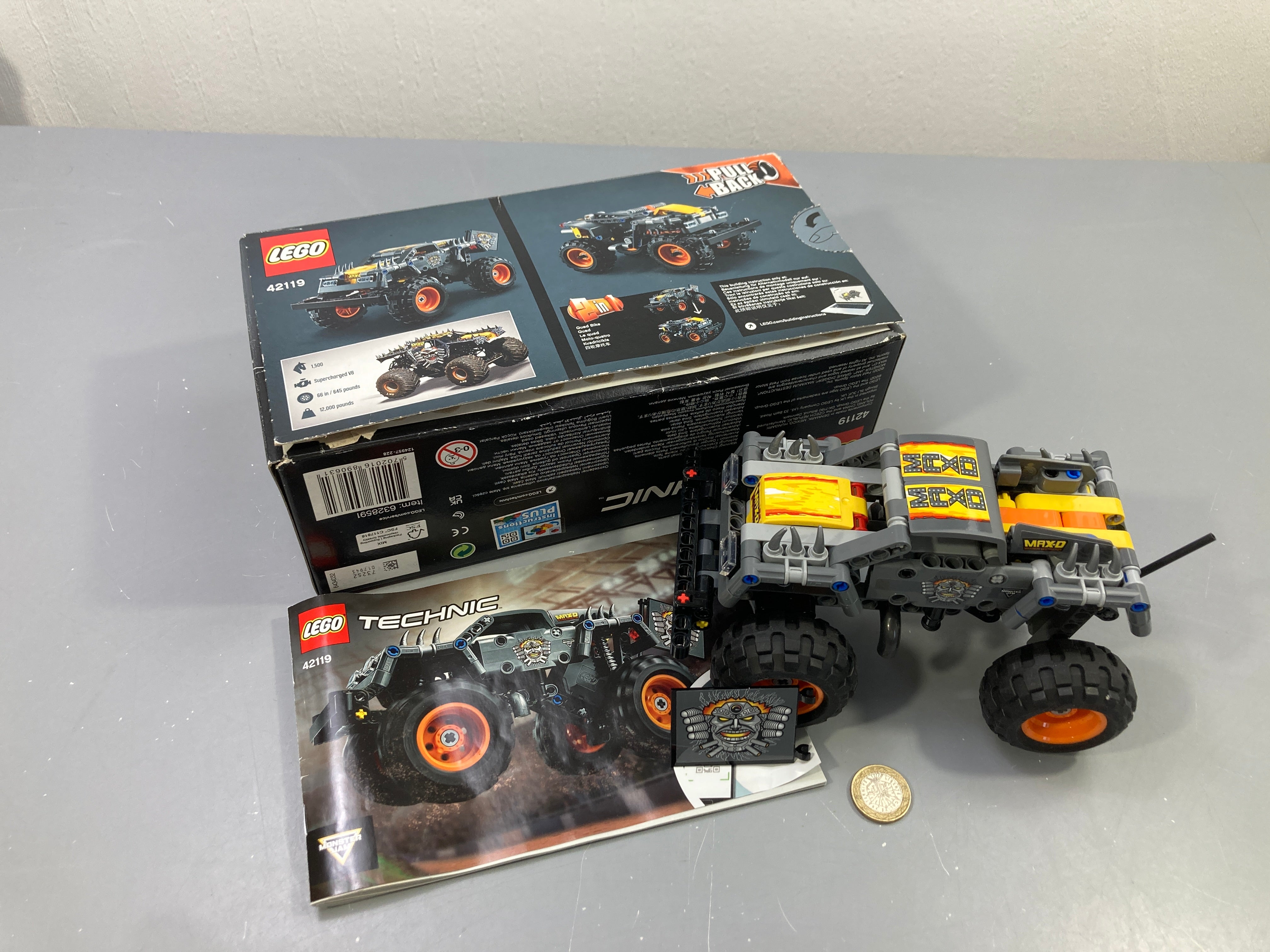 Lego Technic 42119 Monster Jam Max-D gris orange, rétrofriction, avec boîte et notice Vendu en l'état tel que sur la photo