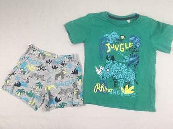 Pyjama 2pcs jersey T-shirt m.c vert + short gris flammé thème de la jungle