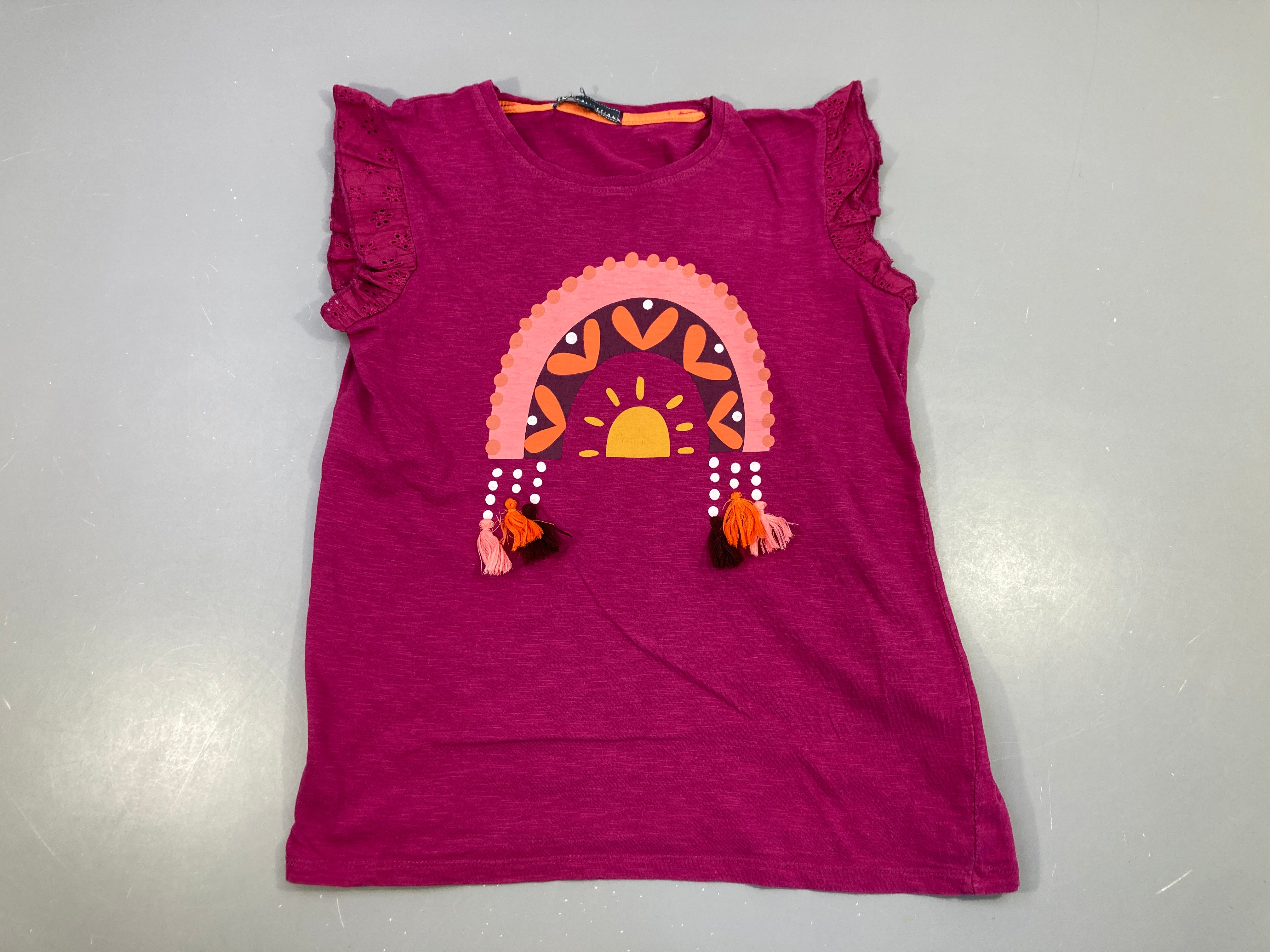 T-shirt m.c prune flammé motifs brun vieux rose orangé pompons