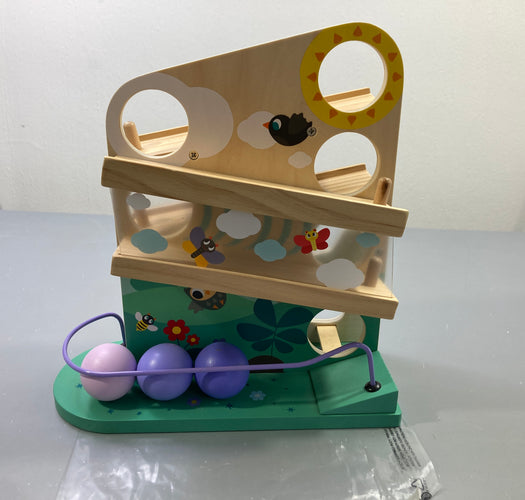 Circuit à billes en bois toboggan, 3 balles violettes, moins cher chez Petit Kiwi