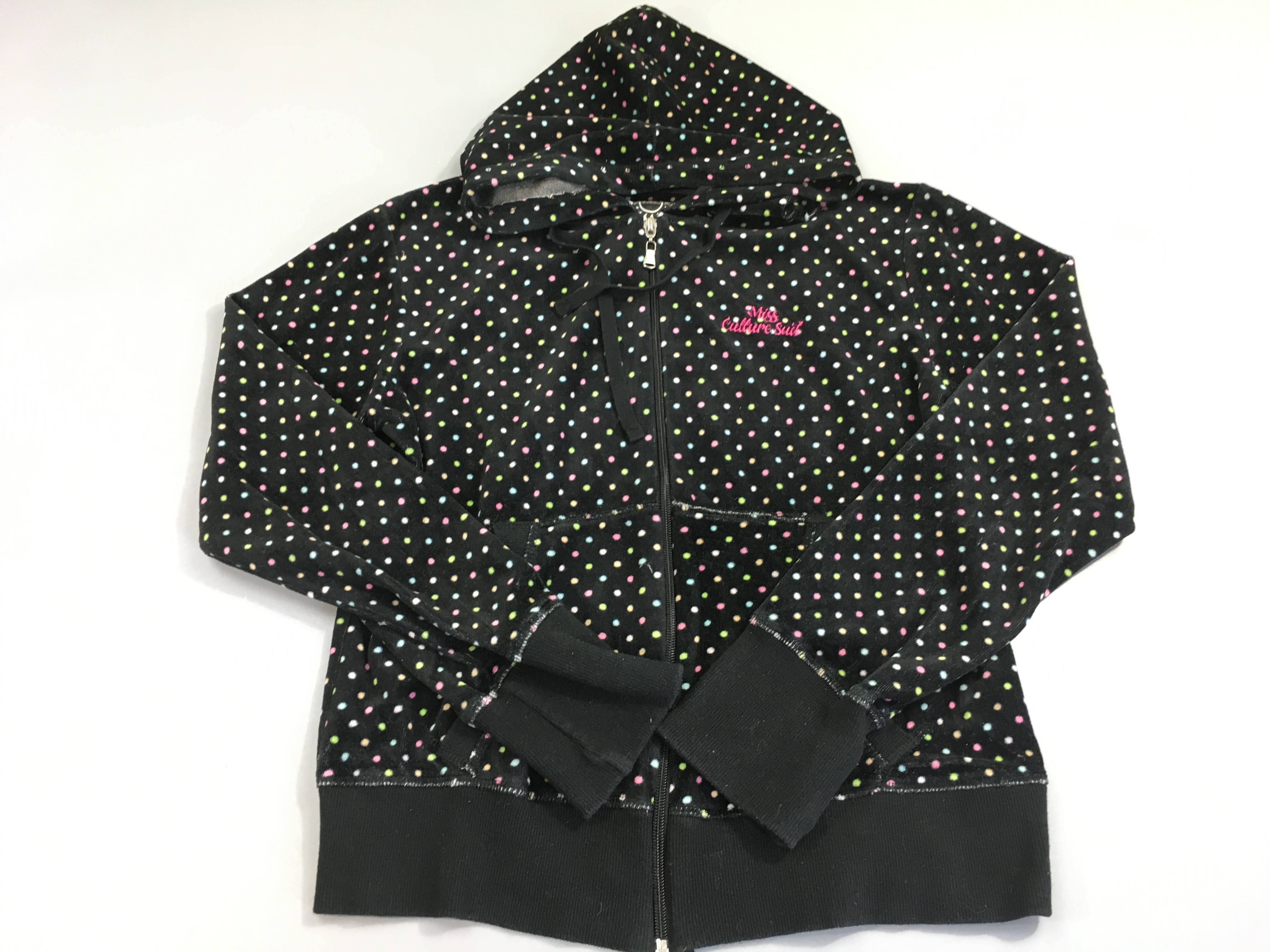 Sweat zippé velours noir pois multicolore à capuche