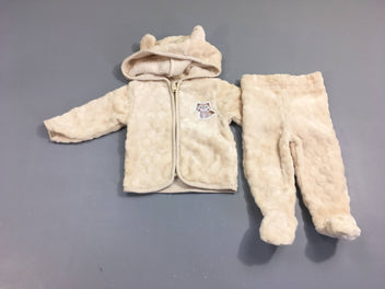 Gilet zippé velours écru renard à capuche + pantalon à pieds