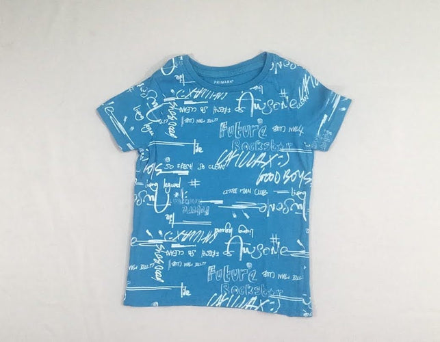 T-shirt m.c bleu, inscriptions blanches, moins cher chez Petit Kiwi