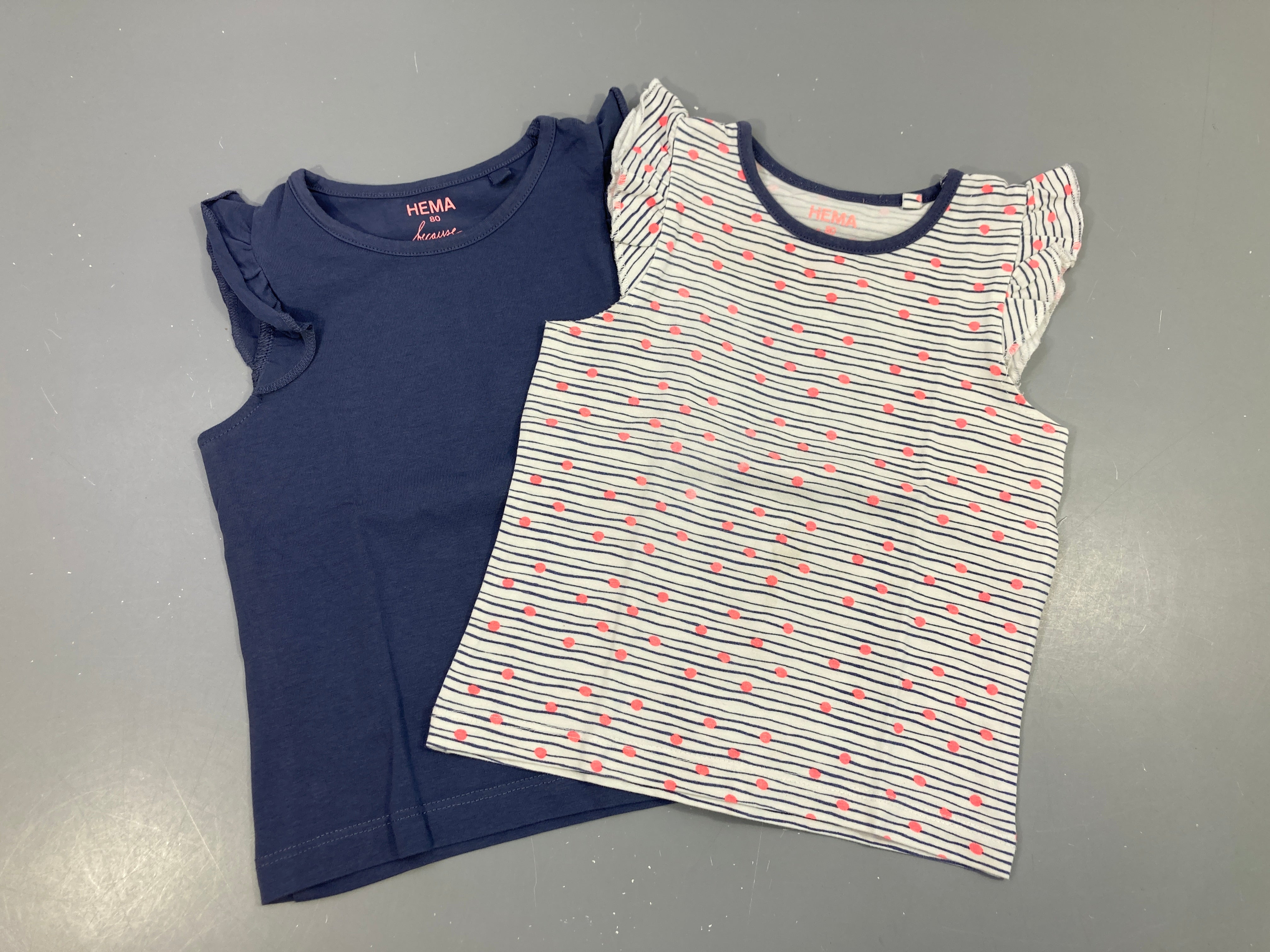 2 T-shirt m.c blanc grisé rayé bleu pois corail/bleu