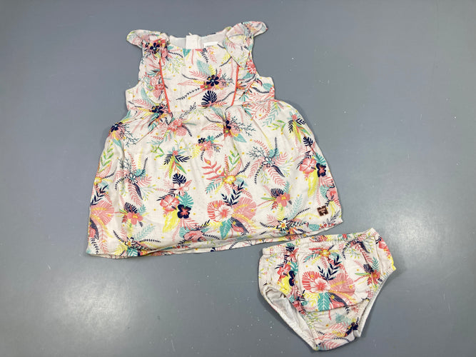 Robe s.m manche écru fleuillage-fleurs bleu-vieux rose corail + Bloomer, moins cher chez Petit Kiwi