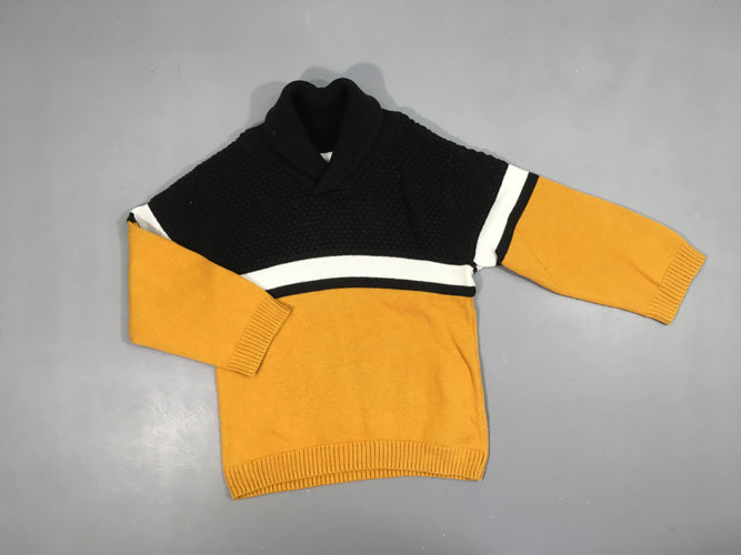Pull texturé rayé bleu foncé moutarde-blanc col châle, moins cher chez Petit Kiwi